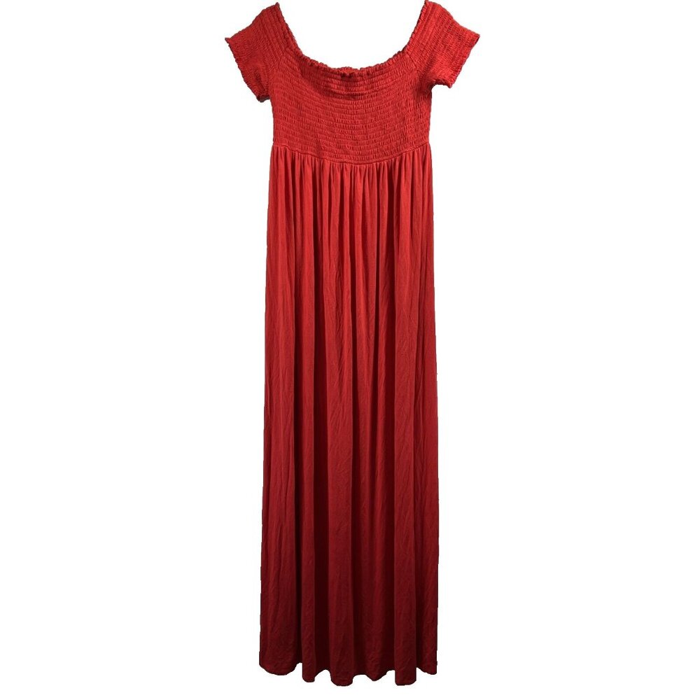 Isabel Women's Maxi Maternity Dress Size Medium Solid Red Smocked Cap Sleeves‎